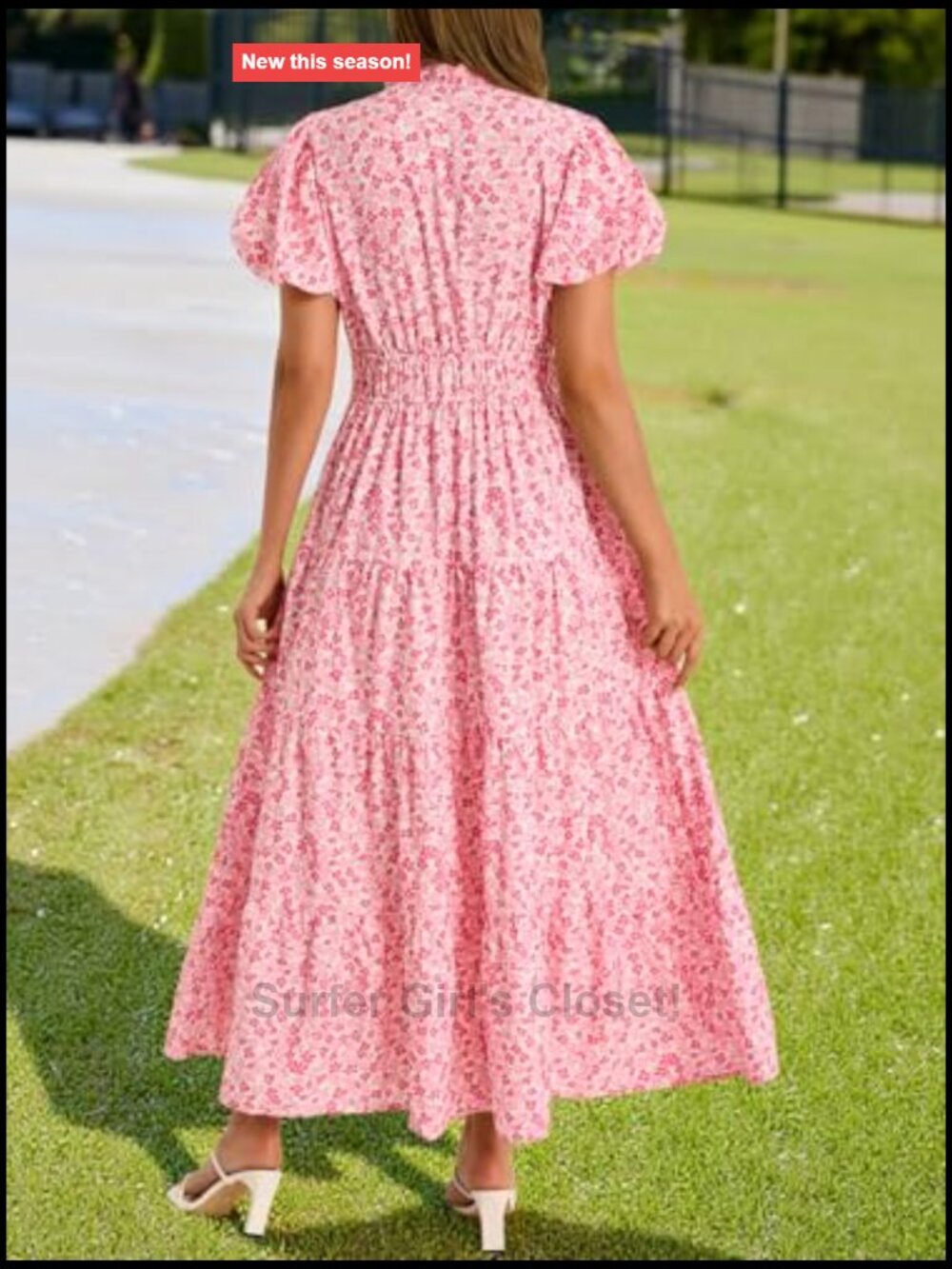 Women's V-Neck Floral Maxi Dress Short Puff Sleeve Smocked Boho Beach Dress - Picture 5 of 7
